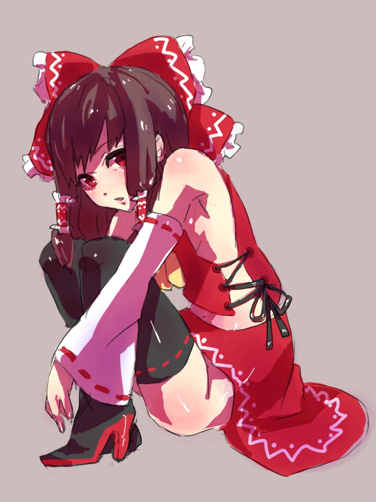 armpits, bow, breasts, brown_hair, detached_sleeves, hair_bow, hakurei_reimu, high_heels