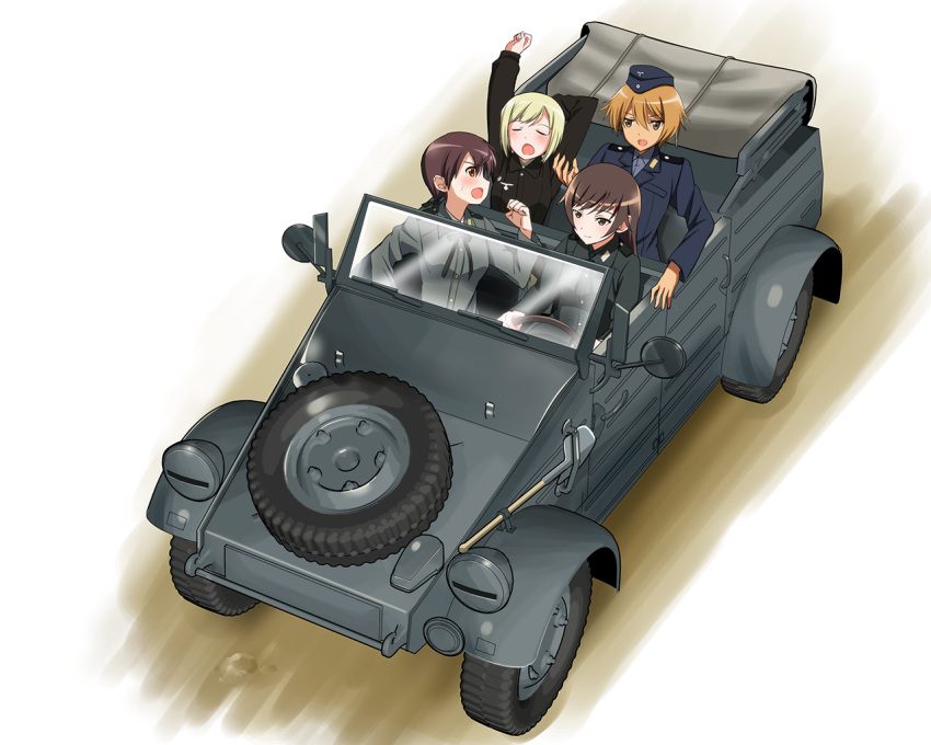 4girls, angry, blonde_hair, blush, brown_hair, car, driving, erica_hartmann, from_above, garrison_cap, gertrud_barkhorn, hat, johanna_wiese, kaneko_(novram58), kubelwagen, long_hair, looking_back, military, military_uniform, motor_vehicle, multiple_girls, neck_ribbon, open_mouth, ribbon, short_hair, shovel, smile, stretch, strike_witches, teardrop, tire, uniform, vehicle, waltrud_krupinski, worktool, yawning