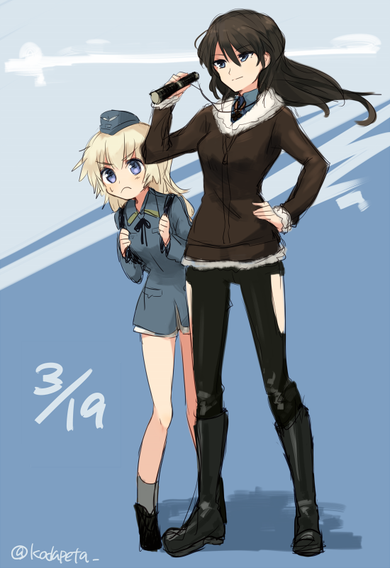 2girls, adolfine_galland, blonde_hair, blue_eyes, bomber_jacket, brown_hair, chaps, garrison_cap