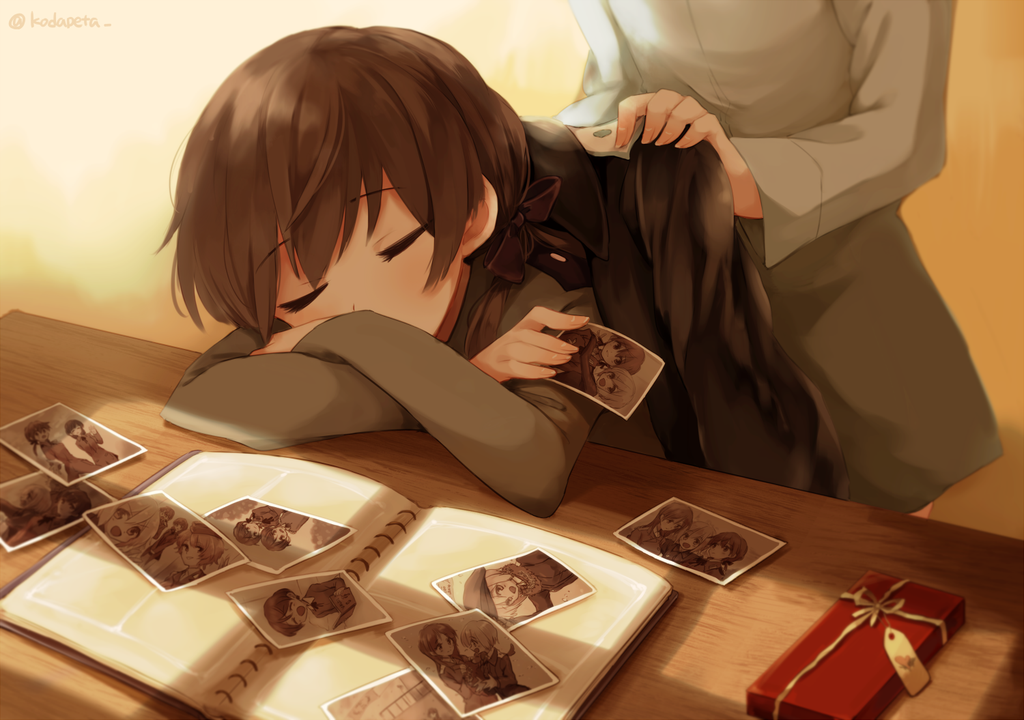 2girls, brown_hair, christiane_barkhorn, closed_eyes, erica_hartmann, gertrud_barkhorn, gift, hair_ribbon, kodamari, long_hair, minna-dietlinde_wilcke, multiple_girls, photo_(object), ribbon, sleeping, strike_witches, twintails, waltrud_krupinski
