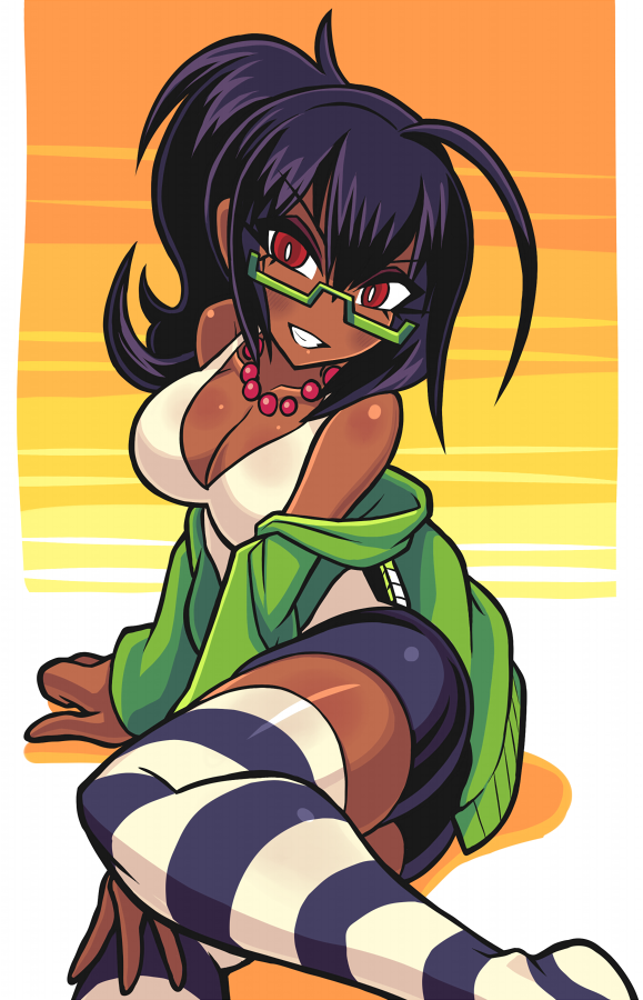 1girl, ahoge, bare_shoulders, black_hair, borrowed_character, breasts, cleavage, cyron_tanryoku