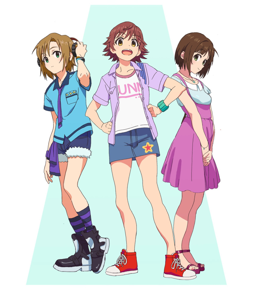 bracelet, brown_eyes, brown_hair, comic, green_eyes, highres, honda_mio, idolmaster