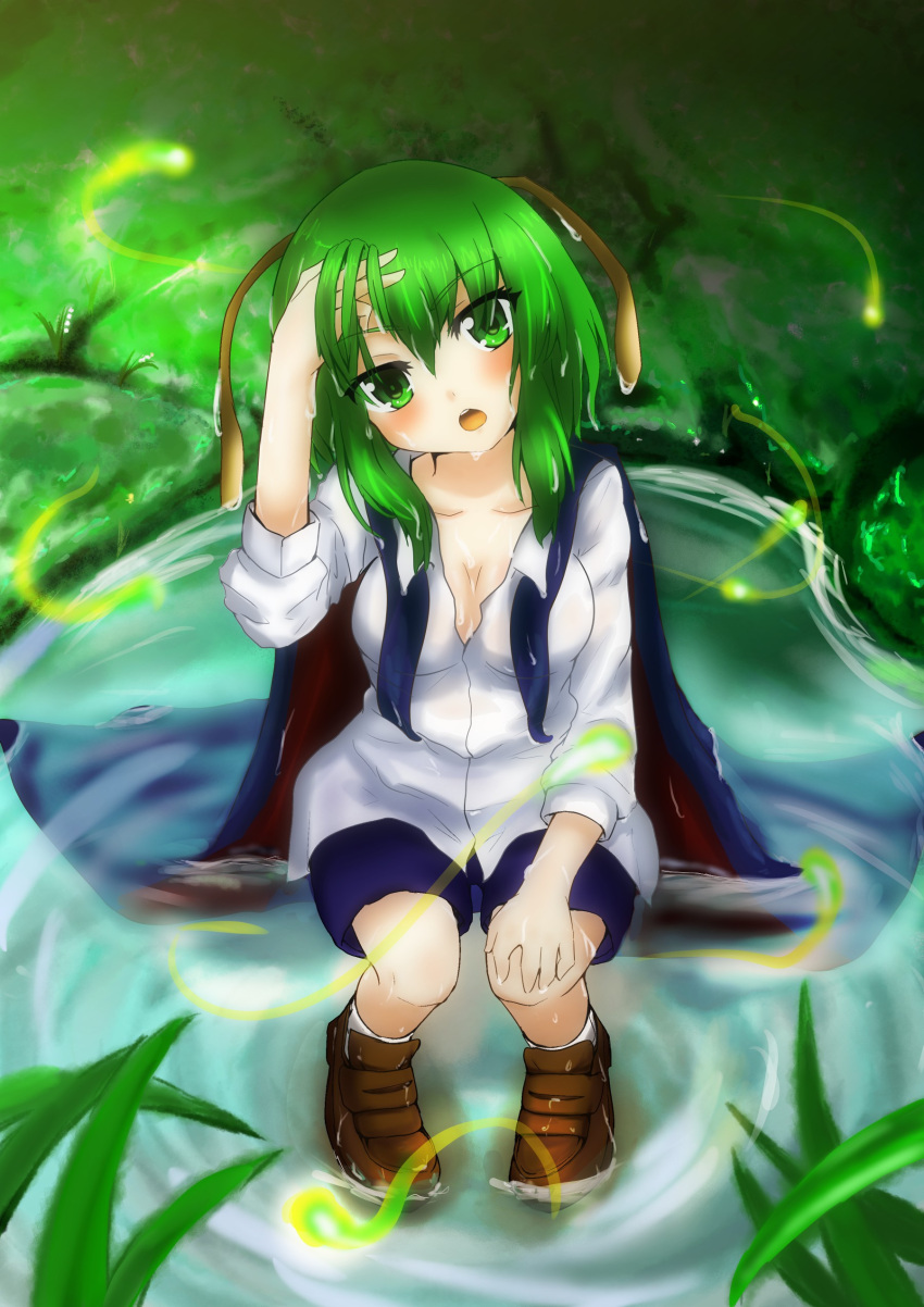 1girl, absurdres, antennae, biburu, breasts, cape, cleavage, fireflies