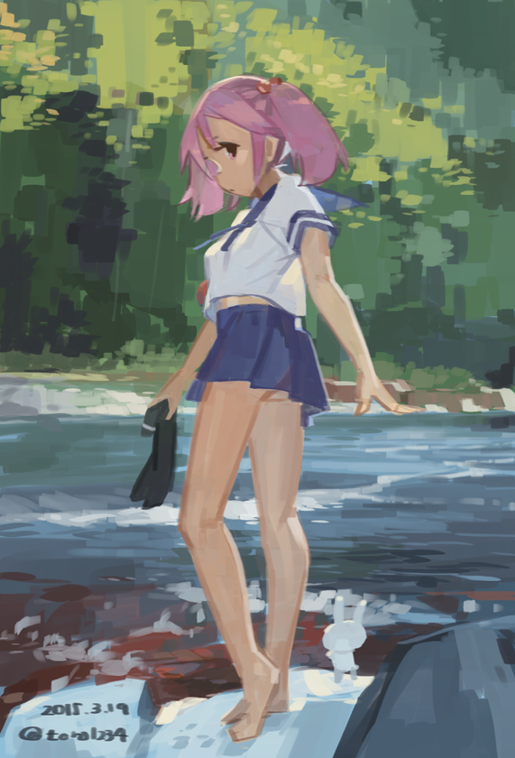 1girl, ass, blue_skirt, dated, hair_bobbles, hair_ornament, kantai_collection, miniskirt