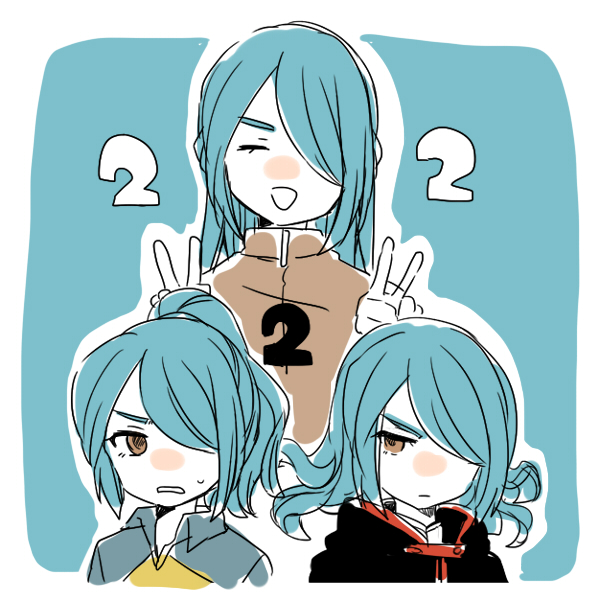 3boys, blue_background, blue_hair, brown_eyes, closed_eyes, dark_emperors, double_v, hair_over_one_eye