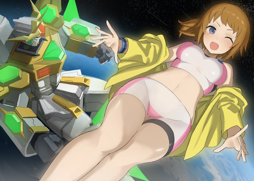 1girl, ;d, bare_shoulders, bike_shorts, blue_eyes, blush, bracelet, breasts, brown_hair, ccaw, green_eyes, gundam, gundam_build_fighters, gundam_build_fighters_try, highres, hoodie, hoshino_fumina, jewelry, long_sleeves, mecha, midriff, mound_of_venus, navel, one_eye_closed, open_mouth, ponytail, shiny, shiny_hair, shooting_star, short_hair, smile, space, sports_bra, star_(sky), star_winning_gundam
