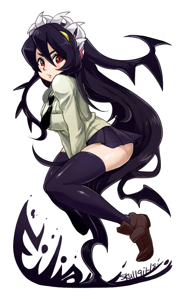1girl, black_hair, black_legwear, blush, breasts, extra_mouth, filia_(skullgirls), long_hair