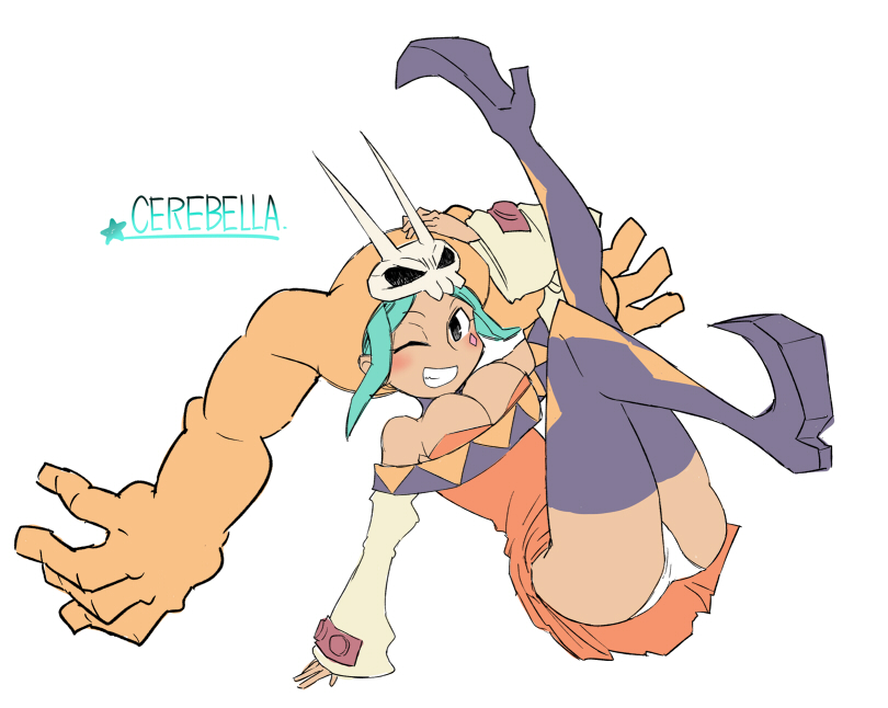 1girl, ;), aqua_hair, bangs, bare_shoulders, breasts, cerebella_(skullgirls), cleavage