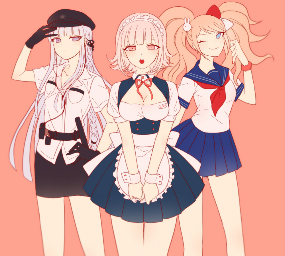3girls, :o, ;), alternate_costume, arm_up, bangs, blonde_hair, blue_eyes