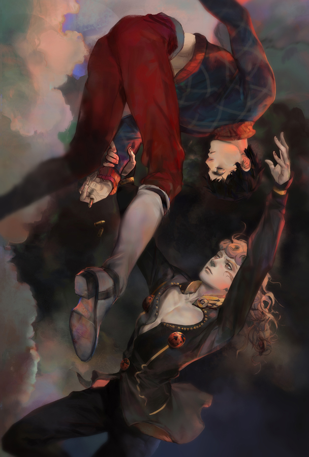 2boys, black_hair, blonde_hair, clouds, floating, giorno_giovanna, guido_mista, hair_down