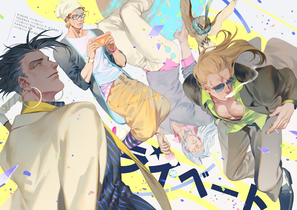 4boys, bird, blonde_hair, casual, cigarette, confetti, contemporary, earrings