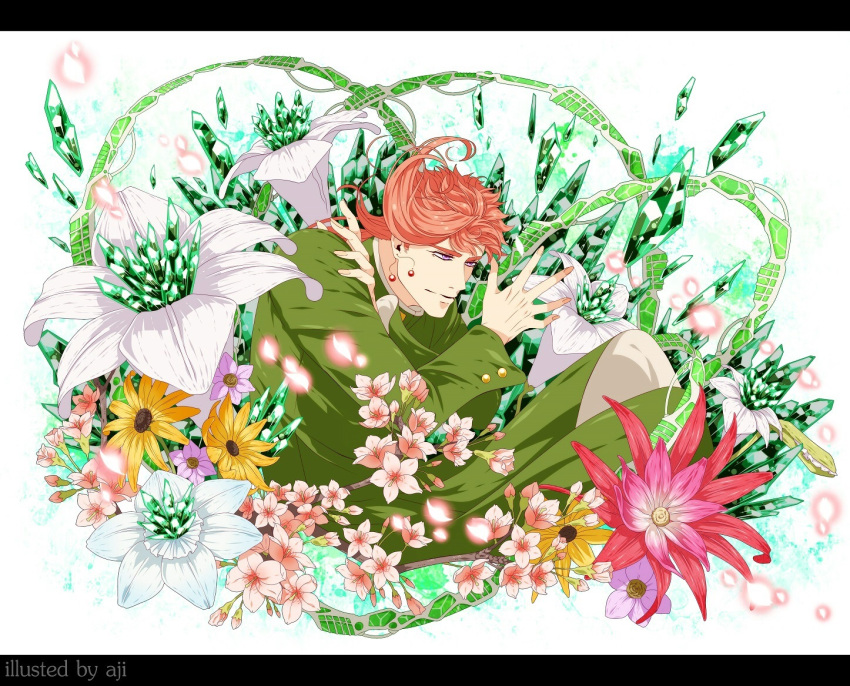 1boy, after_satellites, emerald, flower, gakuran, hierophant_green, jojo_no_kimyou_na_bouken, kakyouin_noriaki