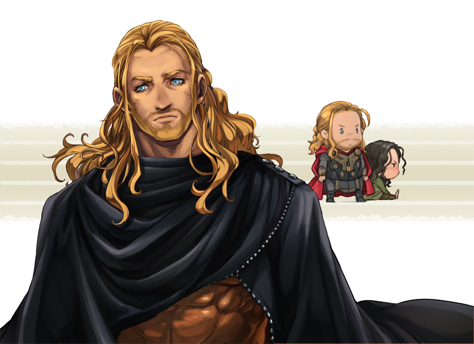 beard, blonde_hair, blue_eyes, cape, chibi, facial_hair, loki_(marvel), long_hair