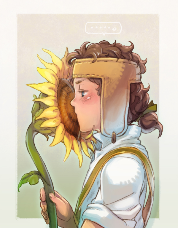 1boy, blue_eyes, brown_hair, child, flower, headband, hercules_(marvel), nikumeron, solo, sunflower, younger