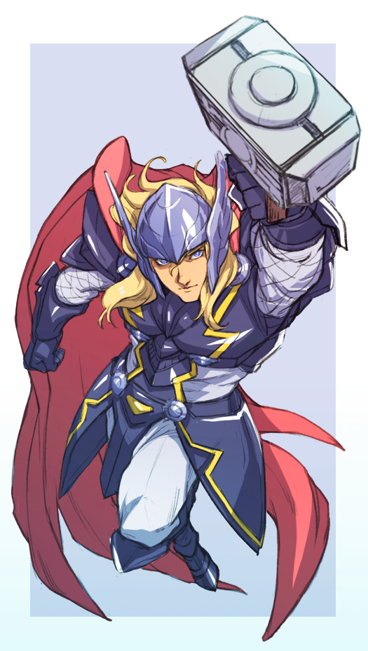 1boy, armor, blonde_hair, cape, disk_wars:_avengers, hammer, helmet, male