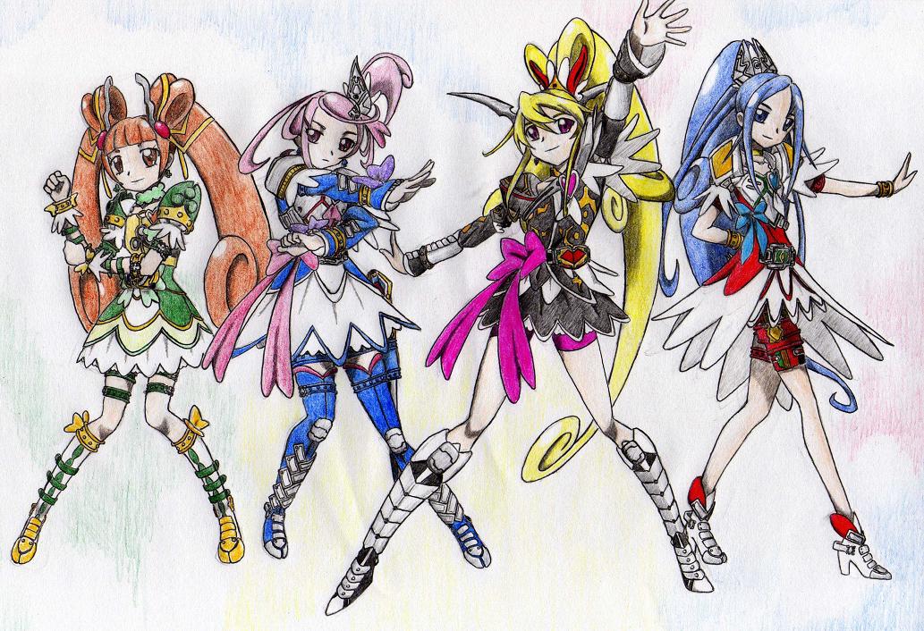 4girls, aida_mana, alternate_costume, belt, colored_pencil_(medium), cosplay, crossover, cure_diamond