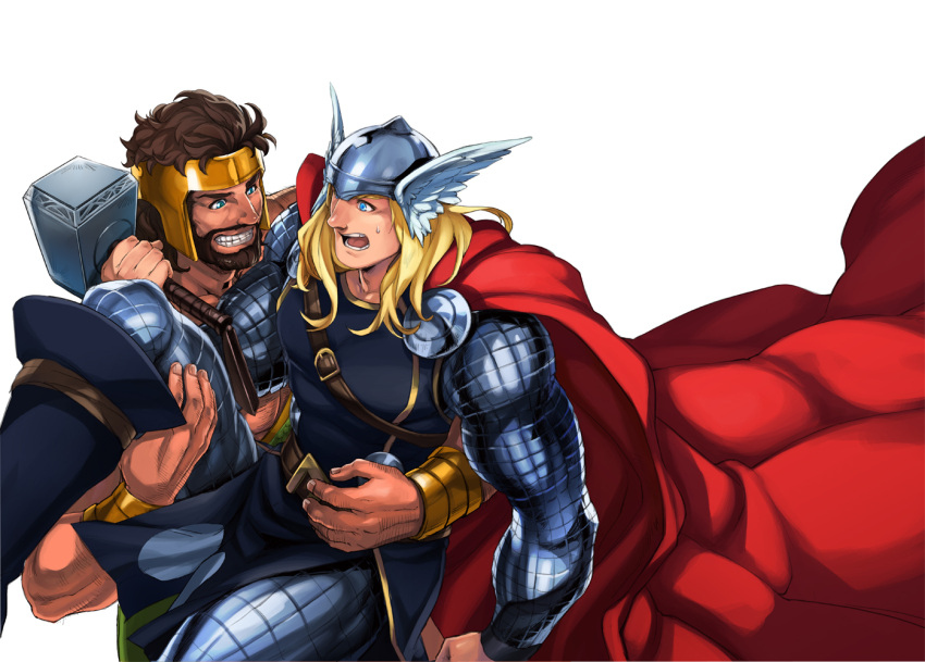 2boys, armor, bara, beard, blonde_hair, blue_eyes, brown_hair, cape