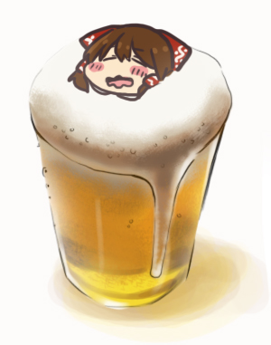 1girl, alcohol, beer, blush_stickers, brown_hair, foam, hair_ribbon, hair_tubes, hakurei_reimu, lowres, minigirl, open_mouth, partially_submerged, reimu9, ribbon, solo, touhou, wavy_mouth