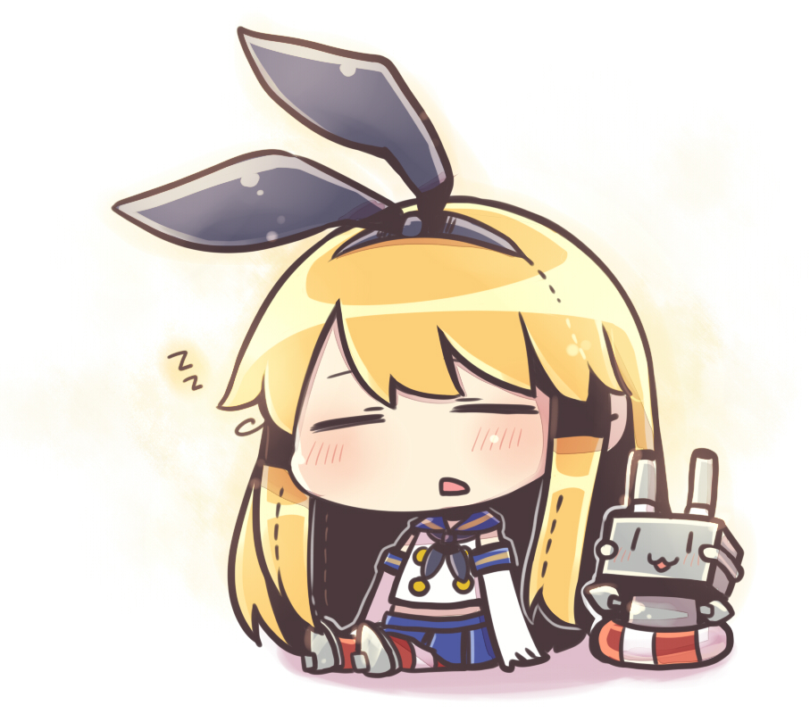 1girl, :3, blonde_hair, chibi, elbow_gloves, gloves, hair_ribbon, innertube, kantai_collection, long_hair, machinery, open_mouth, reimu9, rensouhou-chan, ribbon, shimakaze_(kantai_collection), sitting, sleeping, solo, striped, striped_legwear, thigh-highs, turret, zzz
