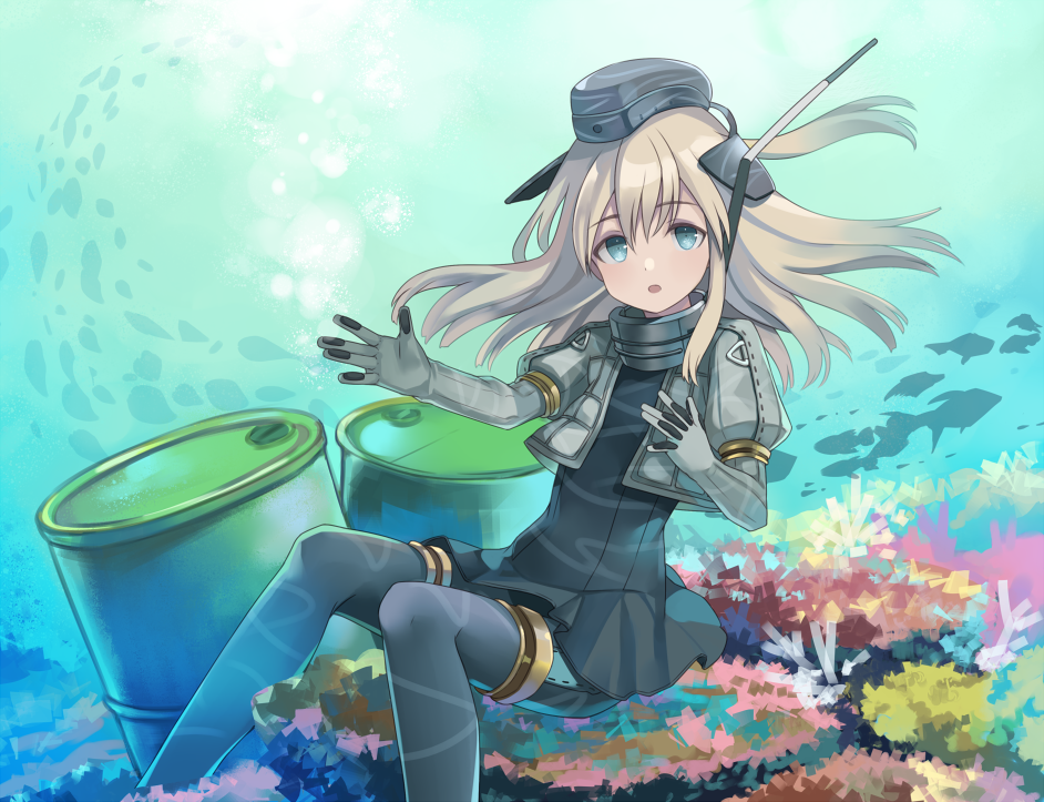 1girl, blonde_hair, blue_eyes, canister, garrison_cap, hat, kantai_collection, long_hair