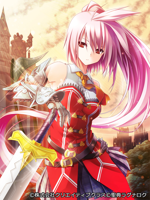 1girl, bare_shoulders, long_hair, official_art, pink_hair, pochadon, ponytail, red_eyes