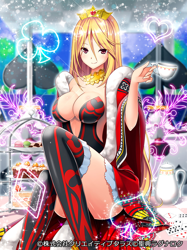 1girl, blonde_hair, breasts, cleavage, long_hair, official_art, pochadon, red_eyes