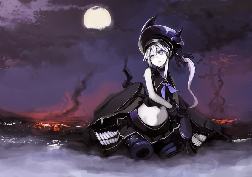 1girl, destroyer_hime, full_moon, gloves, hat, kamui0226, kantai_collection, long_hair, moon, school_uniform, serafuku, shinkaisei-kan, side_ponytail, solo, violet_eyes, white_hair, white_skin