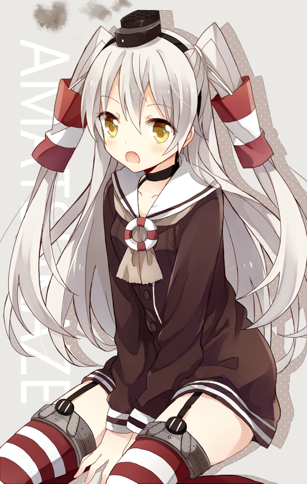 1girl, a_(artist), amatsukaze_(kantai_collection), brown_eyes, dress, garter_straps, hairband, kantai_collection, long_hair, sailor_dress, short_dress, silver_hair, solo, thigh-highs, uniform, zettai_ryouiki