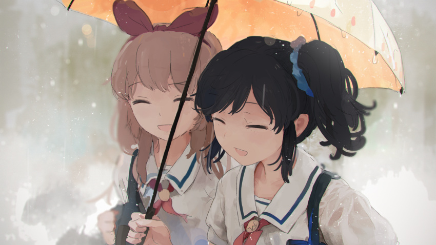 2girls, aikatsu!, bag, black_hair, bow, brown_hair, closed_eyes, hair_bow