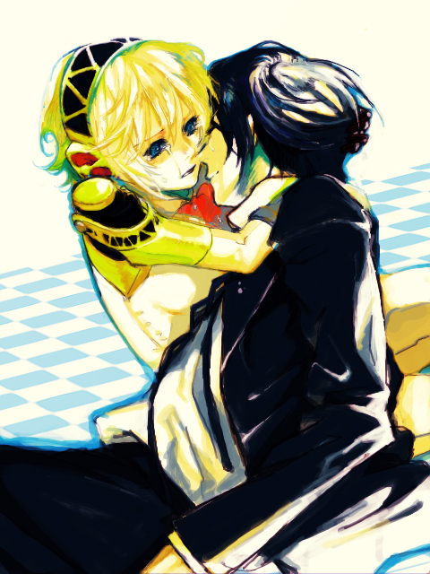 android, arisato_minato, bad_id, blonde_hair, blue_eyes, blue_hair, bow, checkered