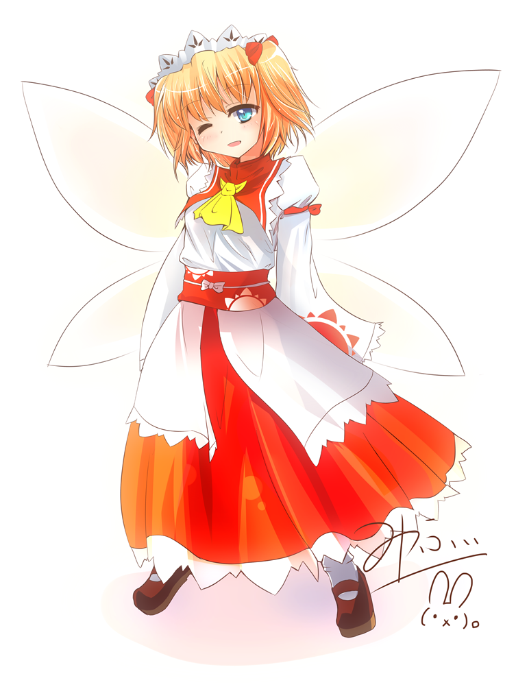 1girl, ascot, blonde_hair, blue_eyes, fairy_wings, headdress, milfy_oira, one_eye_closed