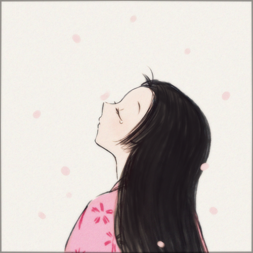 1girl, ayu_(mog), black_hair, border, cherry_blossoms, closed_eyes, japanese_clothes, kaguya-hime_no_monogatari