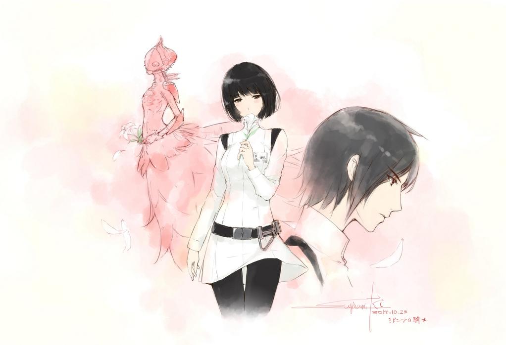 1boy, 2girls, alien, belt, black_hair, black_legwear, bob_cut, brown_eyes