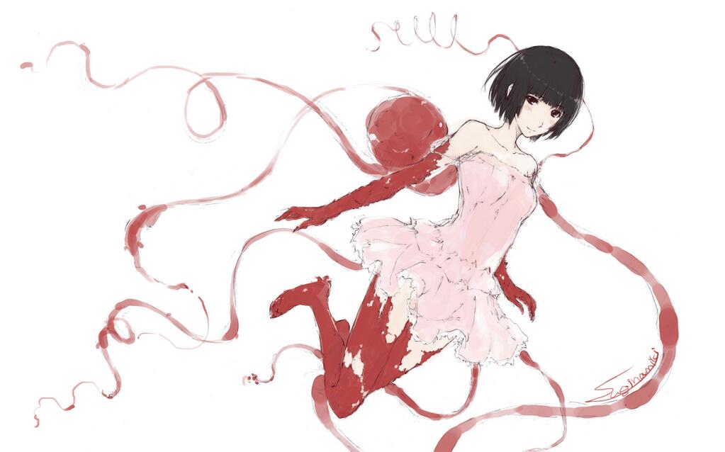1girl, alien, bangs, bare_shoulders, black_hair, blunt_bangs, bob_cut, dress, elbow_gloves, frilled_dress, frills, gauna, gauna_491, gloves, light_smile, looking_at_viewer, monster_girl, pantyhose, pink_dress, red_eyes, red_gloves, red_legwear, short_hair, sidonia_no_kishi, signature, solo, sugina_miki, tentacles, torn_clothes, torn_pantyhose, white_background