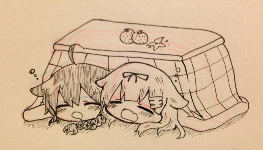 2girls, ahoge, braid, closed_eyes, drooling, fang, hair_flaps, hair_ornament