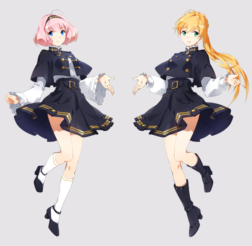 2girls, aldnoah.zero, asseylum_vers_allusia, bangs, blonde_hair, blue_eyes, blunt_bangs, bob_cut, dress, green_eyes, hairband, highres, isf, lemrina_vers_envers, long_hair, multiple_girls, purple_hair, short_hair, siblings, sisters, smile