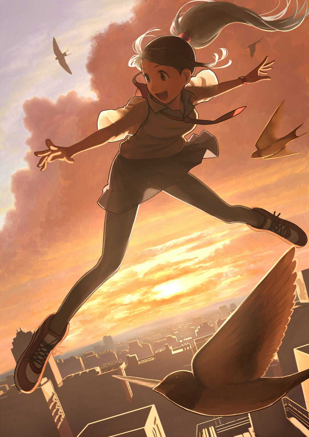1girl, bird, black_legwear, brown_eyes, brown_hair, building, city, cityscape, clouds, commentary, dutch_angle, flying, highres, horizon, light, long_hair, necktie, open_mouth, original, outstretched_arms, pantyhose, ponytail, rikizo, school_uniform, see-through, shoes, sky, smile, sneakers, solo, sunset, surreal, swallow, watch, watch, wind
