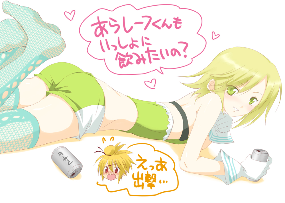 blonde_hair, blush, boyshorts, can, embarrassed, fishnets, gloves, green_eyes, hair_ornament, hairclip, heart, lev_lefanu, lying, maru54, on_stomach, red_eyes, senko_no_ronde, senkou_no_ronde, short_hair, shorts, smile, thighhighs, translation_request, ursure_uexkull