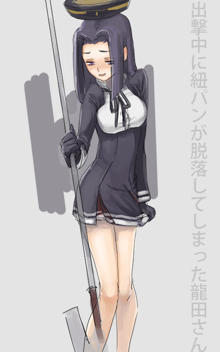1girl, black_gloves, black_ribbon, blush, dress, glaive, gloves, hair_intakes