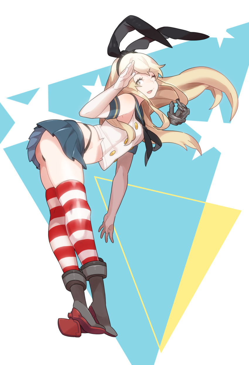 bent_over, blonde_hair, emu_(eomou), highres, kantai_collection, long_hair, miniskirt, salute, shimakaze_(kantai_collection), skirt, striped, striped_legwear, thigh-highs