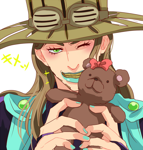 1boy, blue_lipstick, green_eyes, gyro_zeppeli, hat, jojo_no_kimyou_na_bouken, lipstick, makeup