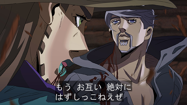 2boys, beard, blood, blood_in_mouth, blue_lipstick, facial_hair, fake_screenshot, gyro_zeppeli