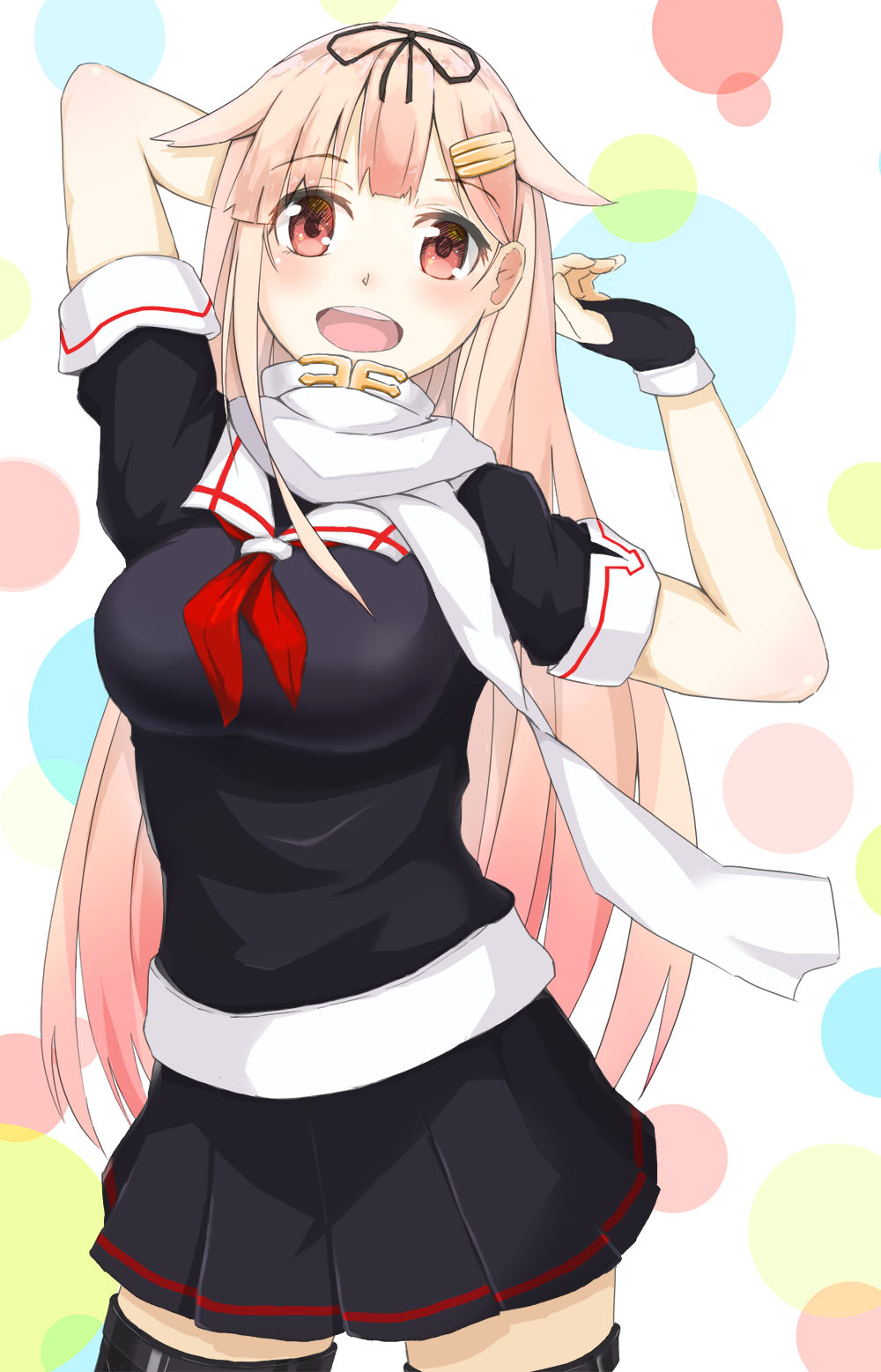 1girl, arm_behind_head, arms_up, black_gloves, black_legwear, blonde_hair, breasts, brown_eyes, cowboy_shot, fingerless_gloves, gloves, hair_ornament, hair_ribbon, hairclip, highres, kantai_collection, long_hair, looking_at_viewer, neckerchief, open_mouth, pink_hair, pleated_skirt, polka_dot, polka_dot_background, ribbon, short_sleeves, skirt, smile, solo, thigh-highs, yakku, yuudachi_(kantai_collection), zettai_ryouiki