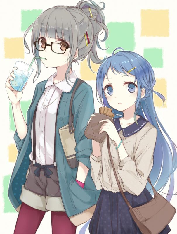 2girls, alternate_costume, alternate_hairstyle, berukko, bespectacled, black-framed_glasses, blue_eyes, blue_hair