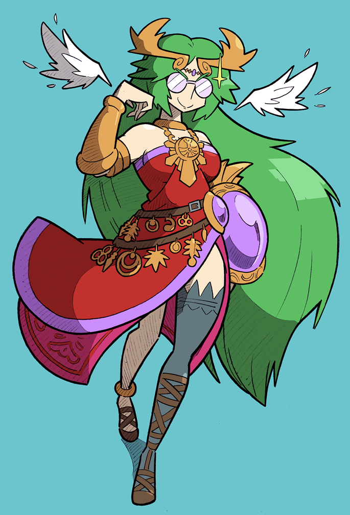 alternate_color, alternate_costume, angel_wings, glasses, goddess, green_hair, hair_ornament, jewelry, kid_icarus, kid_icarus_uprising, nintendo, palutena, shenanimation, shield, solo, strut, super_smash_bros., wings