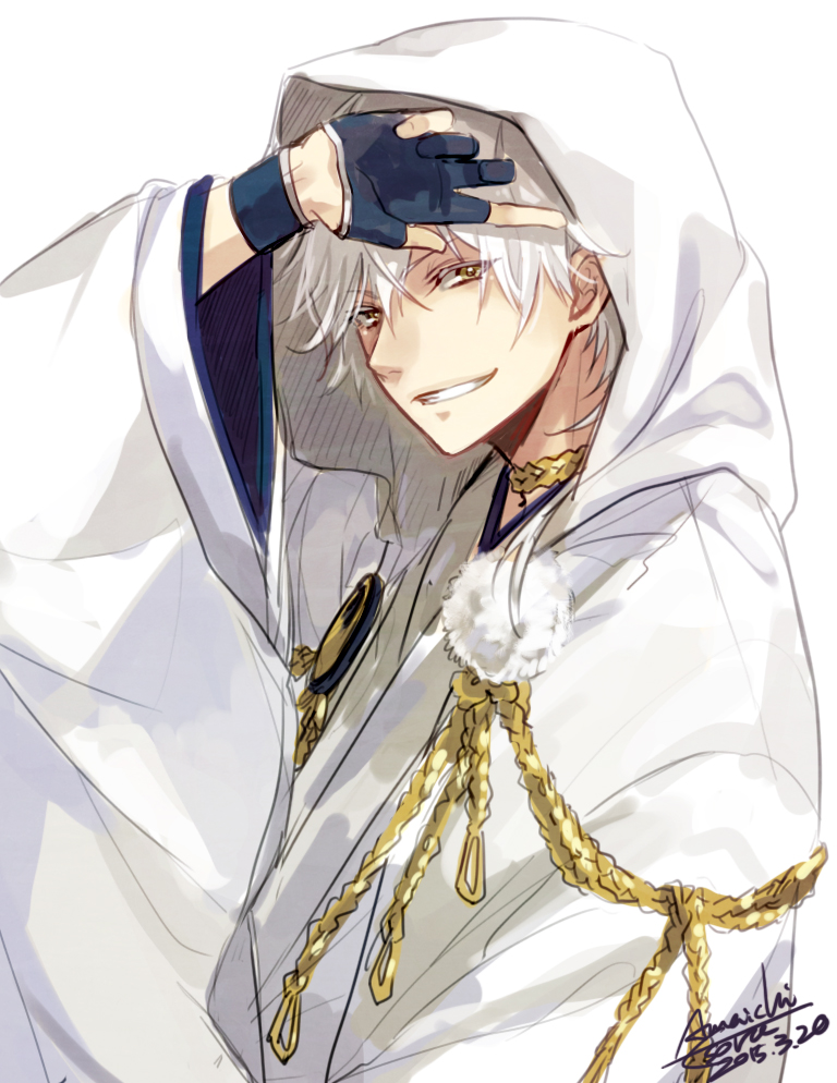 1boy, 2015, gloves, grin, hood, japanese_clothes, minatsuki_(lapislazzuli169), silver_hair