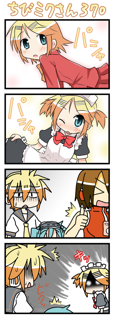 >_<, 4koma, :<, :p, apron, blonde_hair, blue_eyes, blush