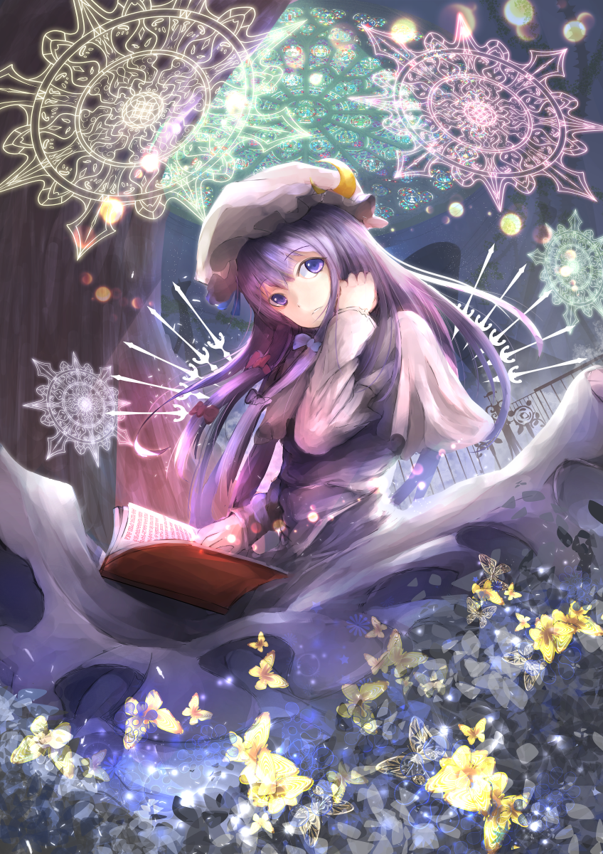 1girl, butterfly, capelet, crescent, flower, hair_ribbon, hand_in_hair, highres