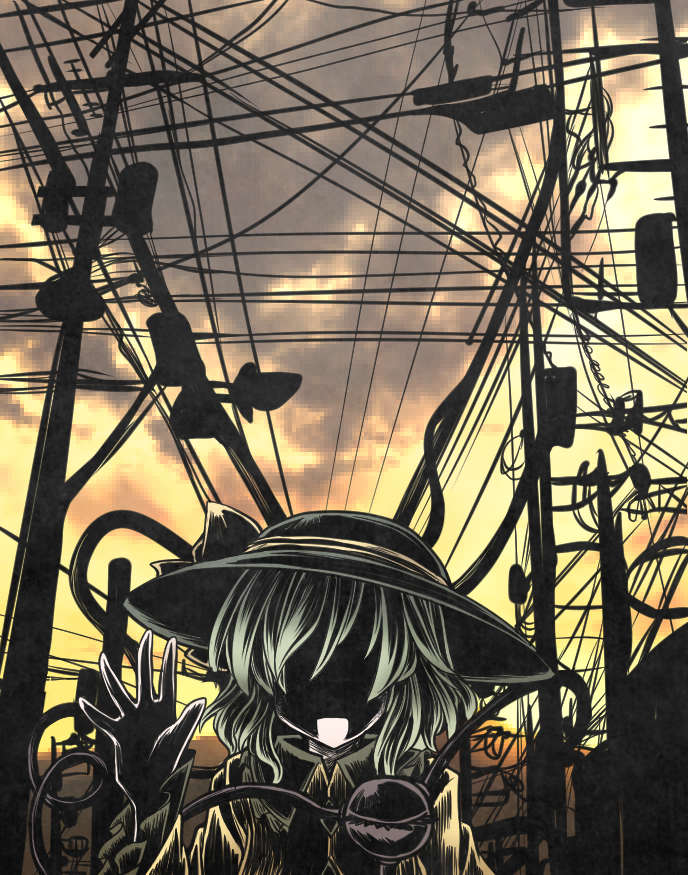 1girl, dark, eyeball, faceless, faceless_female, green_hair, hat, hat_ribbon