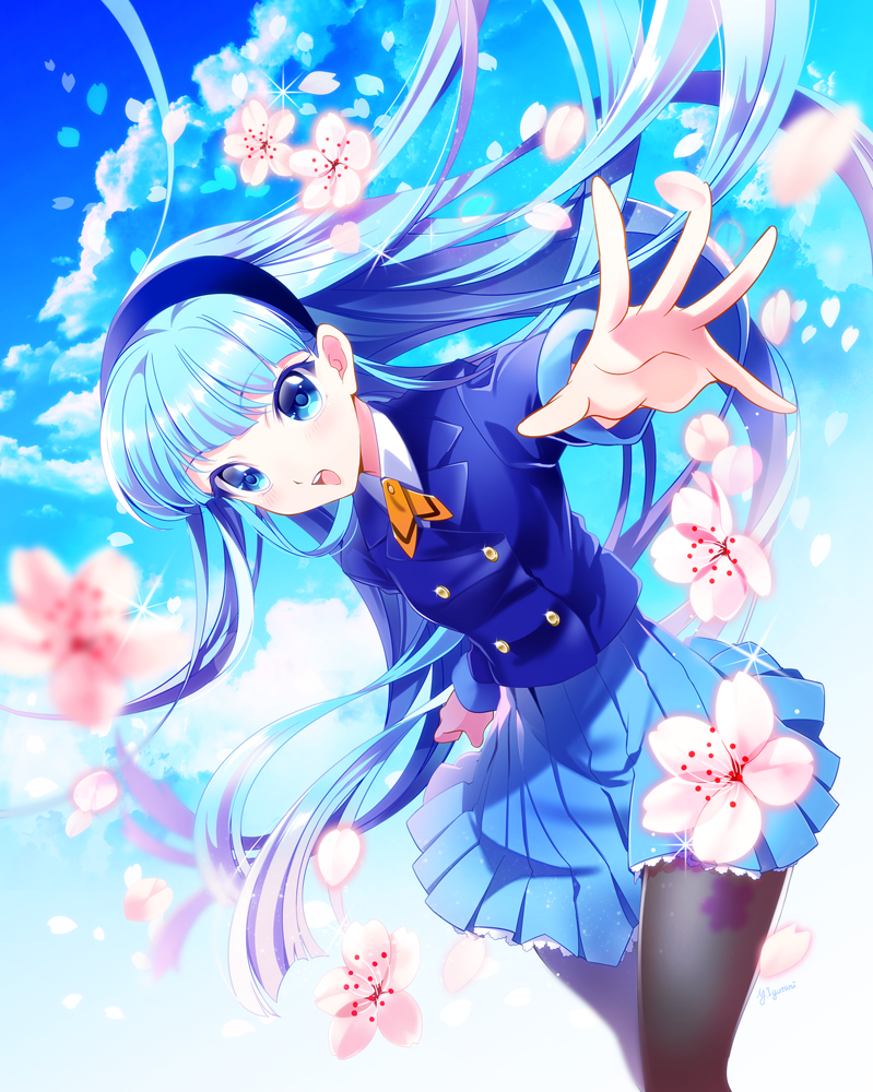 1girl, bangs, black_legwear, blazer, blue, blue_background, blue_blazer, blue_eyes